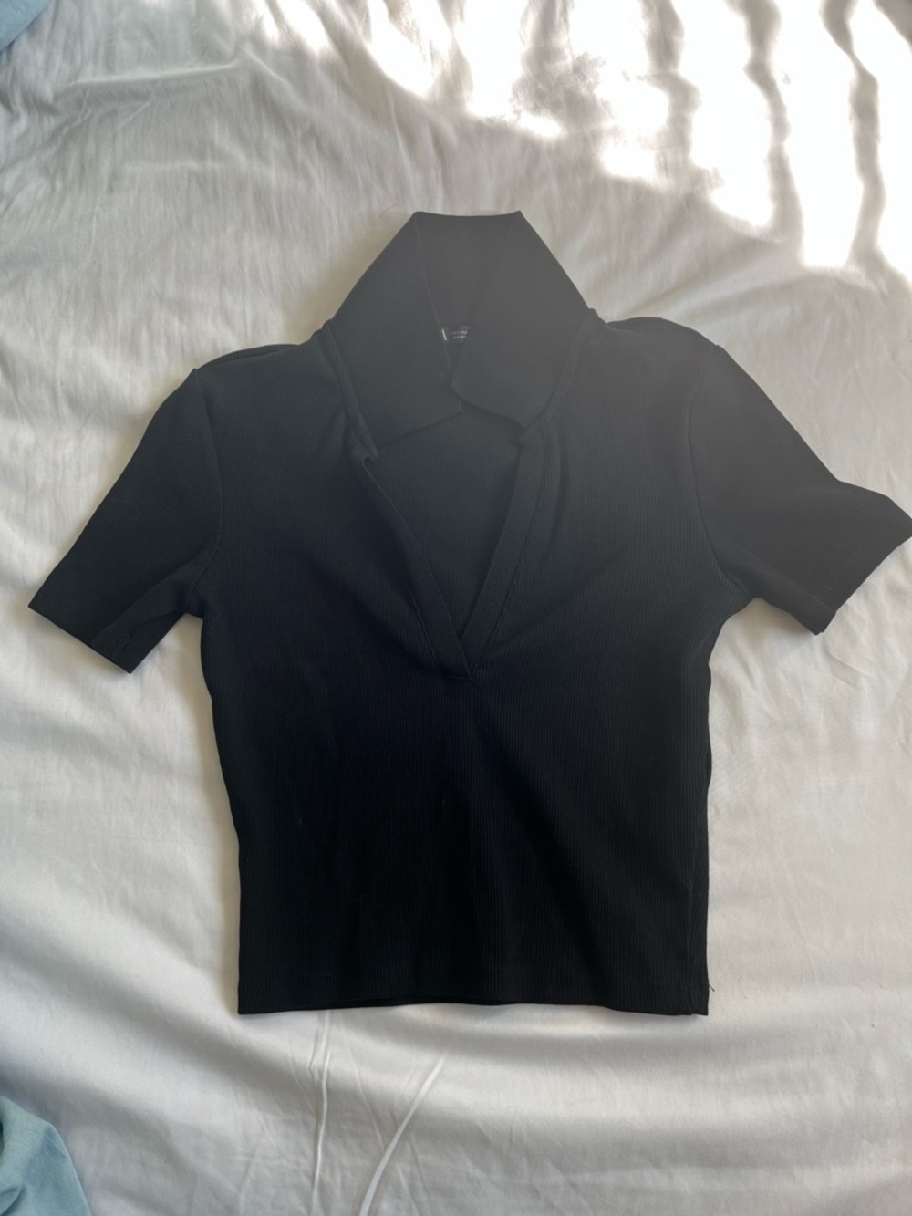 Zara (S) Cropped Black Ribbed Short-Sleeve Polo Top